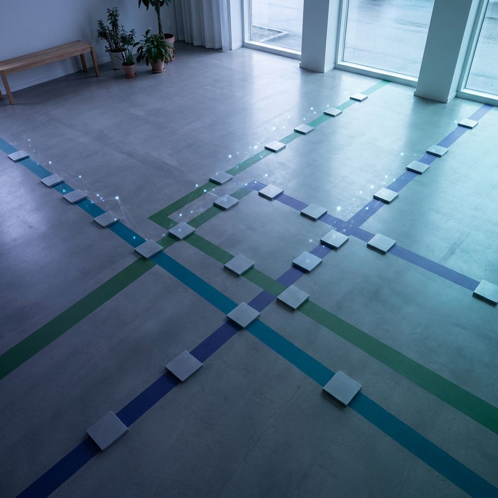 Fugleperspektiv over farvekodede gulvbaner og små plader der symboliserer komprimerede artefakter; cyan/indigo pulser antyder routing mellem lag.