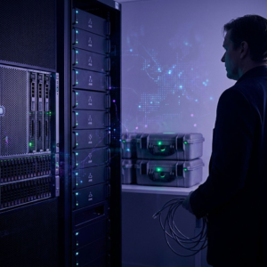 Teknisk leder i et nordisk testlokale, foran en aktiv compute‑node; til højre står flere tomme standby‑slots markeret med cyan/grønne accenter og forseglede snapshot‑kasser på en hylde. Indigo/cyan stemning, subtil data‑pulse overlay.
