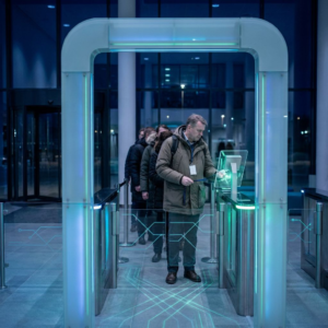 Aftenbillede af nordisk lobby med få mennesker i rolig kø ved glas-porte, én bane lyser grønt; kølig indigo stemning og diskrete cyan/grønne reflekser.