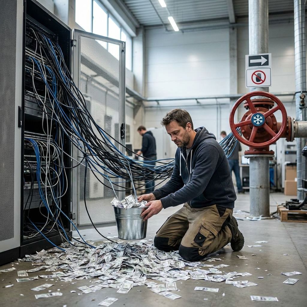 Makro af hængelås og afspærringskæde med cyan/grøn baglys — taktil dokumentation af en kontrolsluse.