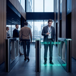 To parallelle turnstiles i en nordisk indgangszone, en person med badge vælger venstre spor med kølige cyan‑grønne lysaccenter, mens højre spor fortsætter uændret i baggrunden.
