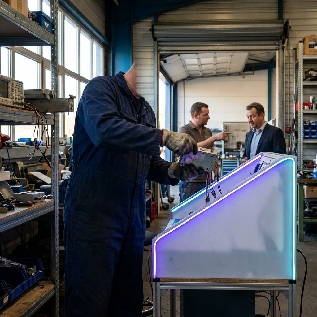 Tekniker tager et testmodul fra hylde og indsætter i testbænk; procesmoment i felt med kundevendte konsekvenser.