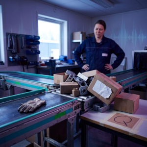 Nordisk operationshal ved daggry: et stoppet handoff‑flow med afspærringsbånd og pakker i kø, en teknisk leder i baggrunden, blå‑indigo stemning med cyan/grønne accenter — symbol på valg mellem enkel kontrol og nødvendig orkestrering.