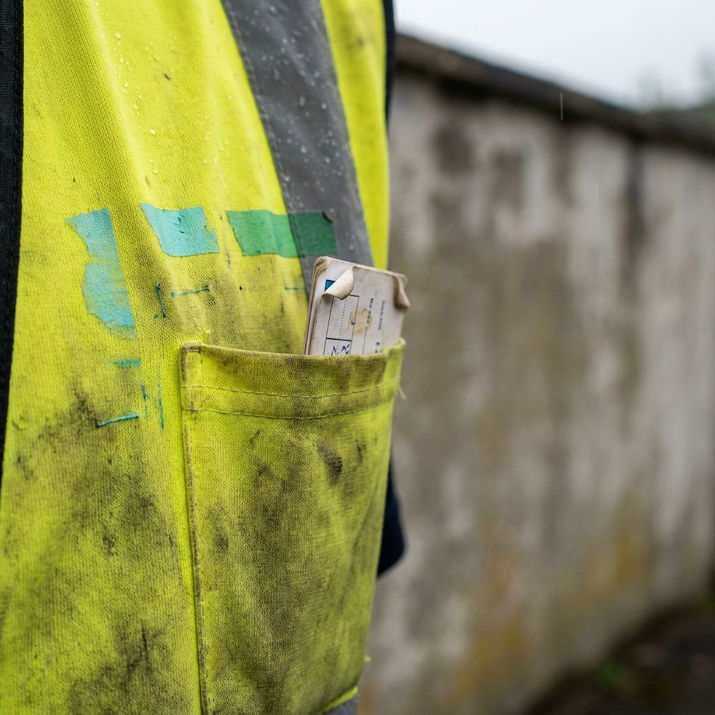 Makro af refleksvestlomme med foldet flow‑kort og cyan/green mærkespor — taktil dokumentation af procesaftale og drift.