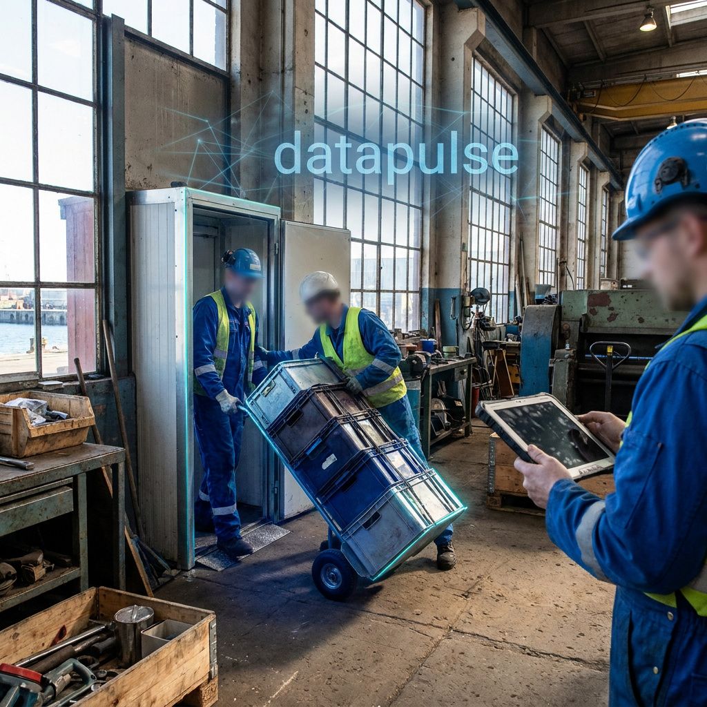 Operationsfoto af kollegaer der håndterer en blokeret tralle i en lille logistiksluse, blå‑indigo stemning med cyan accenter — viser et processtop i praksis.