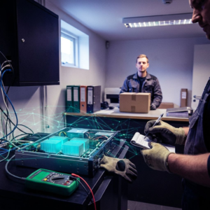 Teknikrum i en dansk mindre virksomhed: en testrig/mini‑server i forgrunden, en tekniker (torso og hænder) noterer, og en lukket kasse i baggrunden symboliserer ventende dokumentarbejde — dyb indigo/purpur med cyan‑grønne highlights.
