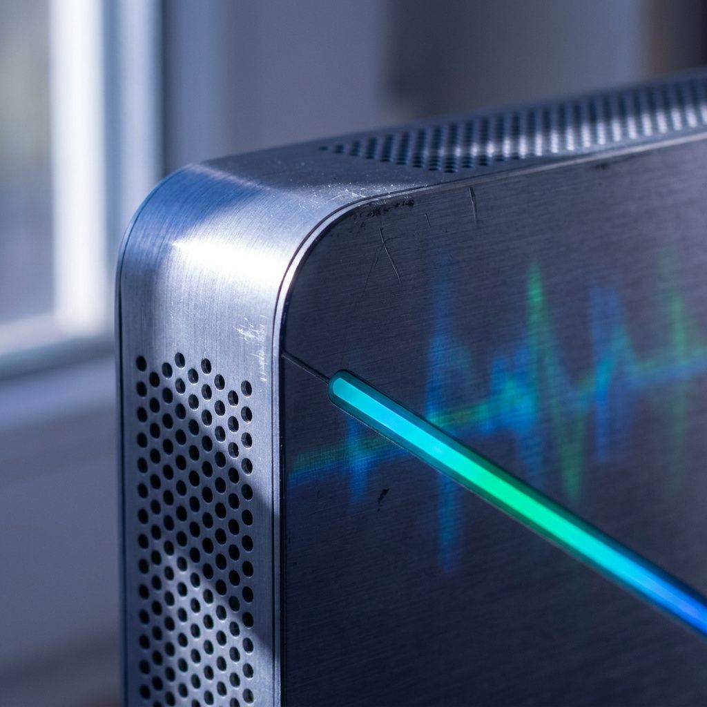 Detaljeret makro af netværksforbindelse og fiber‑kontakt i en lille server‑alkove, cyan lysrefleks, indigo skygger — symbol på netværkets inspektionspunkt.