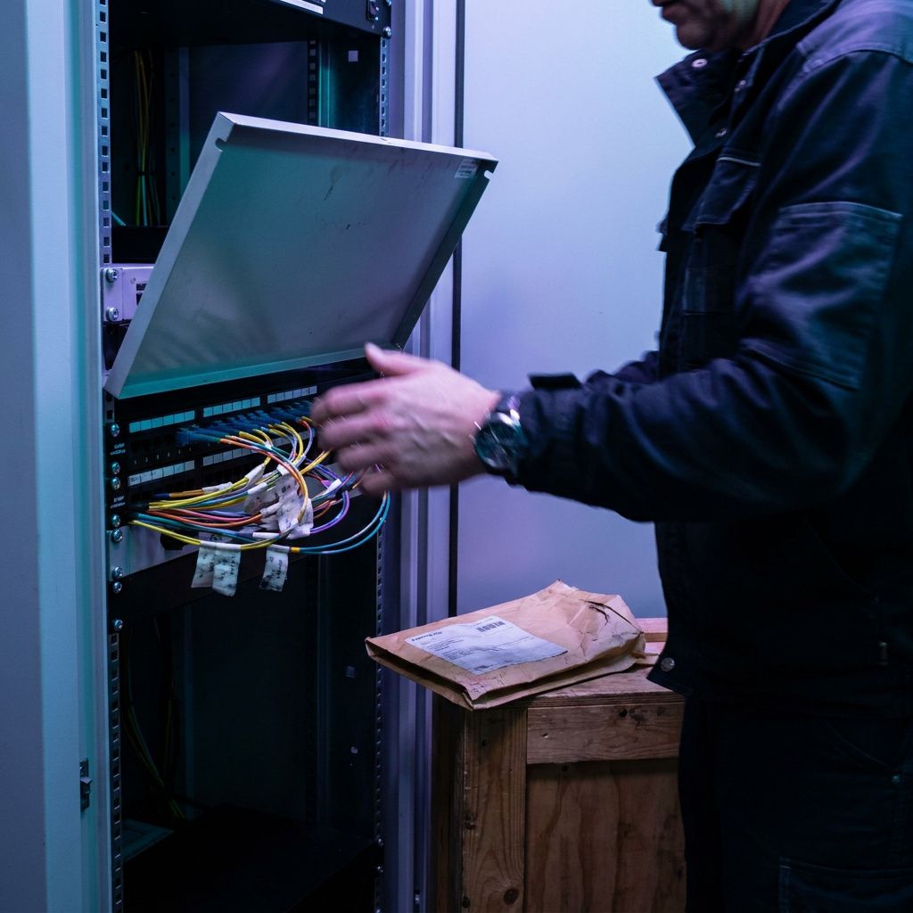Operationsfoto: tekniker åbner en patch‑cover og ser fiberkonce (ansigt ude af frame), cyan/indigo lys, signal om aktiv inspektion og tuning.