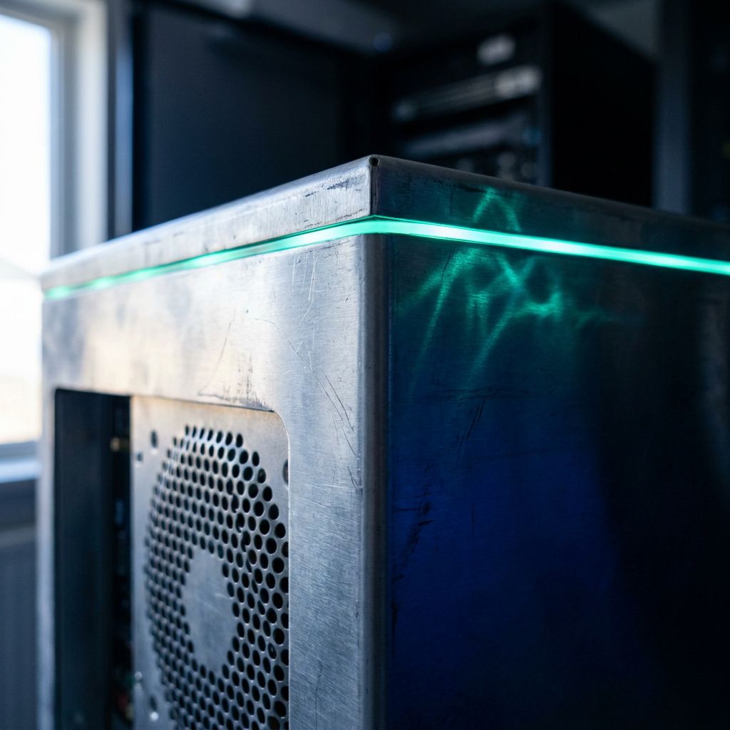 Detaljeret makro af netværksforbindelse og fiber‑kontakt i en lille server‑alkove, cyan lysrefleks, indigo skygger — symbol på netværkets inspektionspunkt.
