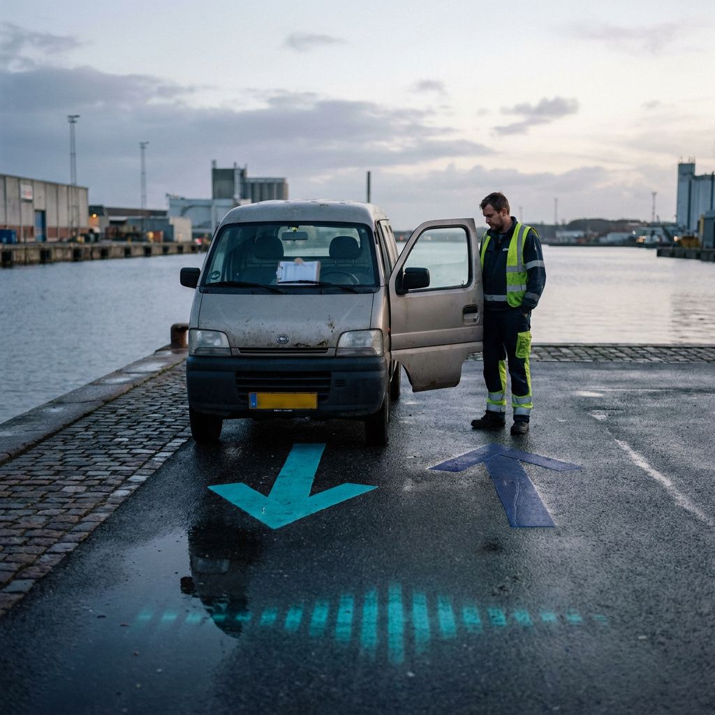 En varevogn ved kaj med to malede pile i cyan og indigo — symbol på valg mellem volumenrute og kontrolleret rute.