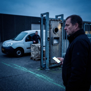 Operationsleder ved en servicegate i aftenskumring; en leverance er holdt tilbage bag slusen. Indigo skygger med cyan refleks og en subtil data‑pulse i billedet.