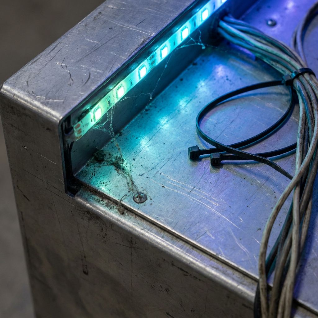 Nærbillede af et testrigs metalhjørne med cyan accent og slidspor, symbol på praktisk testinfrastruktur.