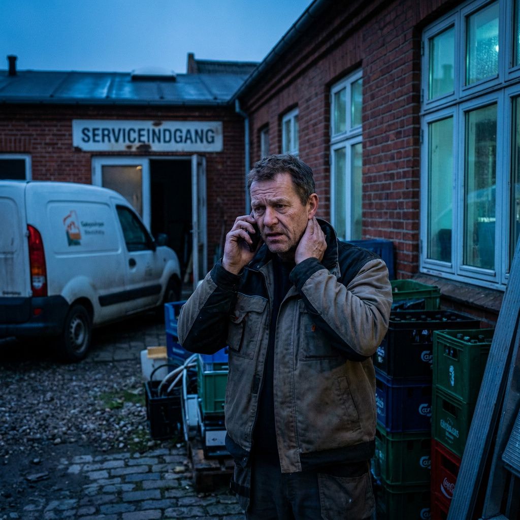 Virksomhedsejer i en baggård taler i telefon, synligt bekymret; serviceindgang og varebil i baggrunden.