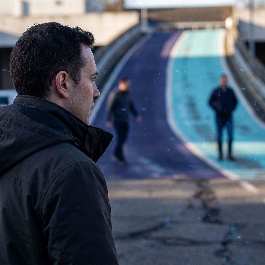 Over‑skulder billede af en tech‑lead der ser på to malede baner på asfalten — et operationelt valg i praksis.