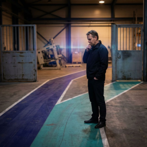Nordisk SME‑leder i en lille servicehal overvejer to farvekodede ruter malet på betongulv — metafor for valg mellem ustruktureret scripts og strukturerede pipelines.