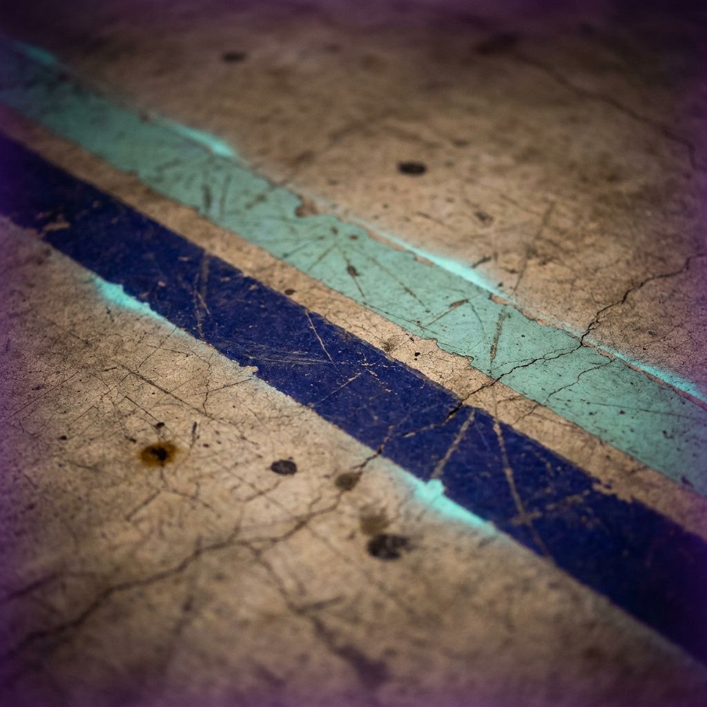 Nærbillede af to parallelle indigo og cyan baner malet på slidt beton, tekstur og slid synligt — metafor for pipeline‑flow.