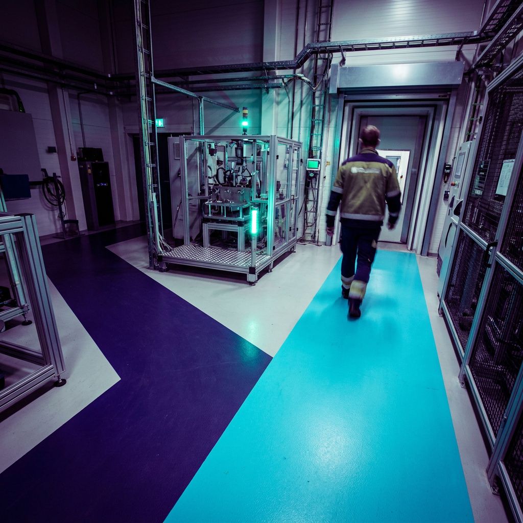 Operationshal hvor markerede indigo og cyan baner leder en tekniker mod en testsluse — viser workflow i bevægelse.