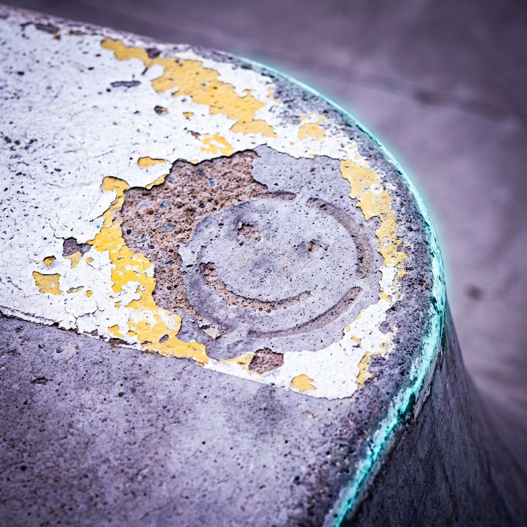 Makro af malingskant og slid på betonbanen, symboliserer overgang og brug.