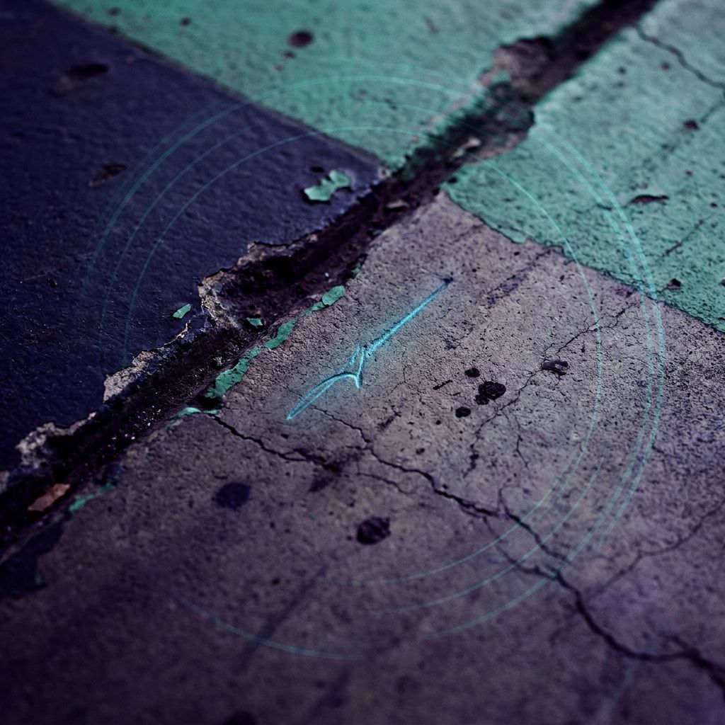 Makro af betongulv med parallelle indigo og cyan baner, slidte margener og små oliepletter — et taktisk spor af praktisk procesarbejde.