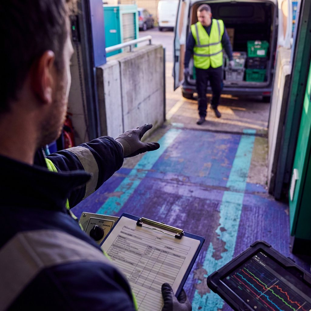 Skulderopsnit af operationsleder i en servicegård, markeret gulv i indigo og cyan leder mod en åben leveringssluse — et handoff‑øjeblik der repræsenterer beslutning om automatisering eller manuel kontrol.
