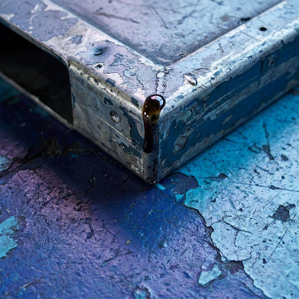 Makrofoto af betongulv hvor indigo og cyan malede gulvbaner mødes; slidspor og små olieflekker viser brug og slitage.