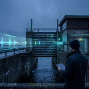 Lukkede sluseporte i en nordisk kanal holder cyanfarvet vand inde mod dybere indigo udenfor – en stille, våd aften med diskret lysrefleks som datapuls