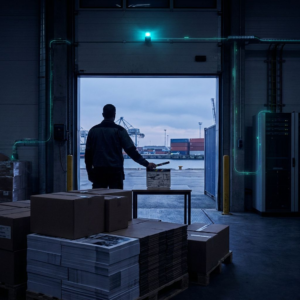 Dansk marketing/produktionsleder står ved en åben leverance‑sluse i et lille produktionsrum, omgivet af kampagnekasser, printruller og en filmstrimmel; indigo/viollet lys med cyan‑grønne pulser.