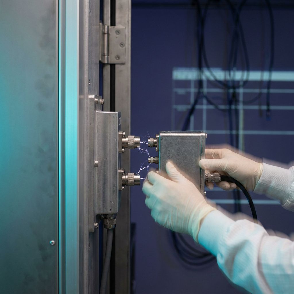Process in action: tekniker (kun hænder) tilslutter testboks ved en målepost i et indigo‑oplyst testsite, cyan refleks langs kabinettet.