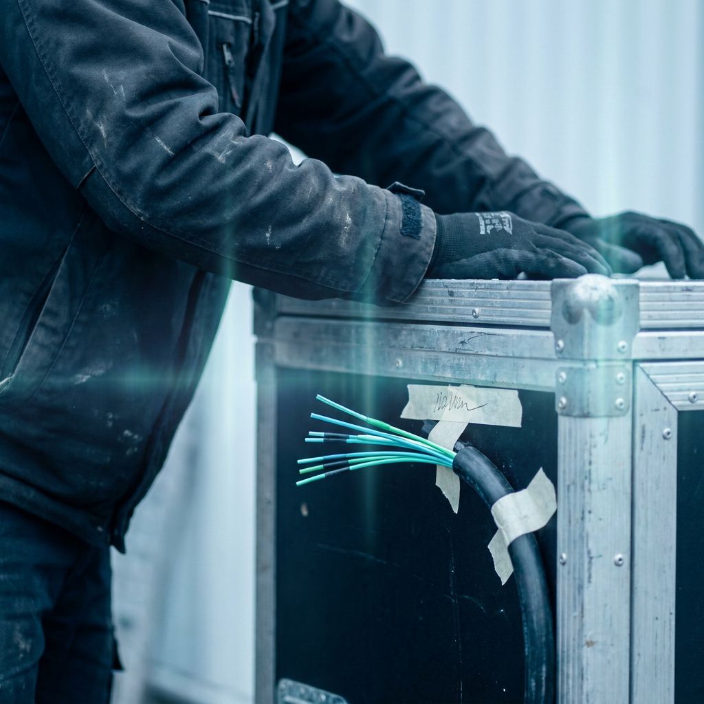 Makro af et slidt metalstempel på en testluge med cyan‑grøn refleks i ridsene, dokumentarisk detalje uden læsbar tekst.