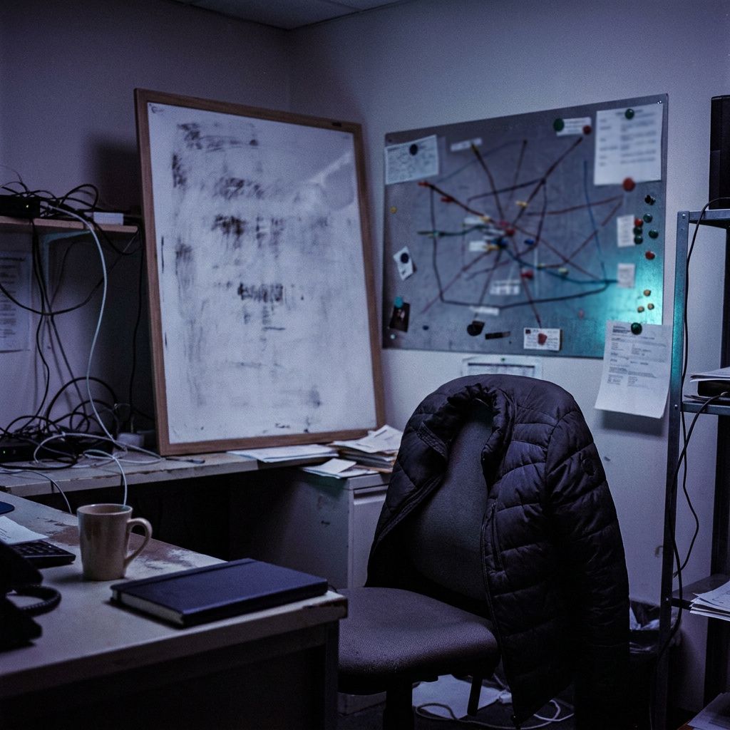 Incident‑response rum: lukket notesbog, kop kaffe og jakke over stol, whiteboard uden læsbar tekst, køligt indigo lys.