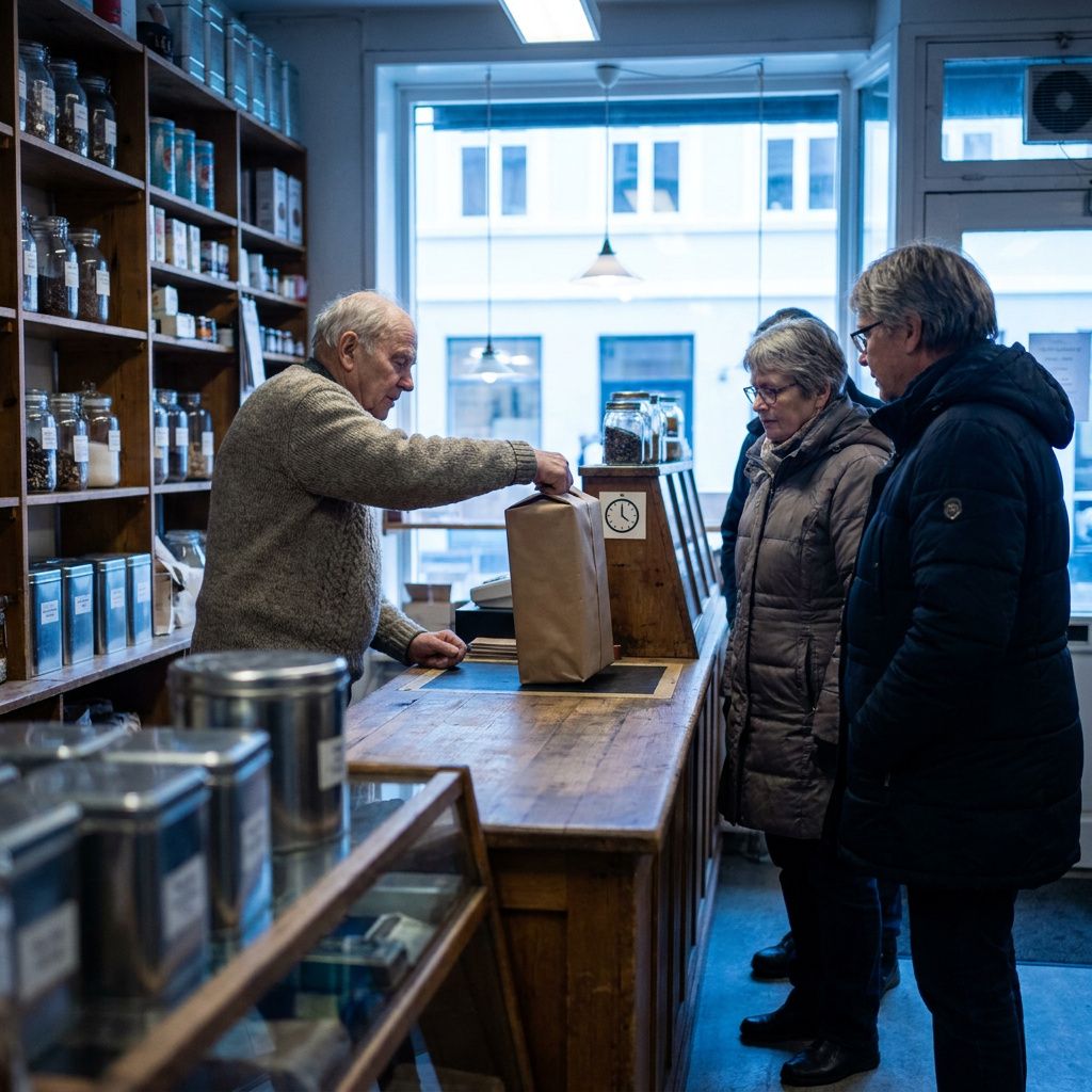 Butiksejer flytter en pakke til et vent-område bag disken, to kunder venter i en kort kø