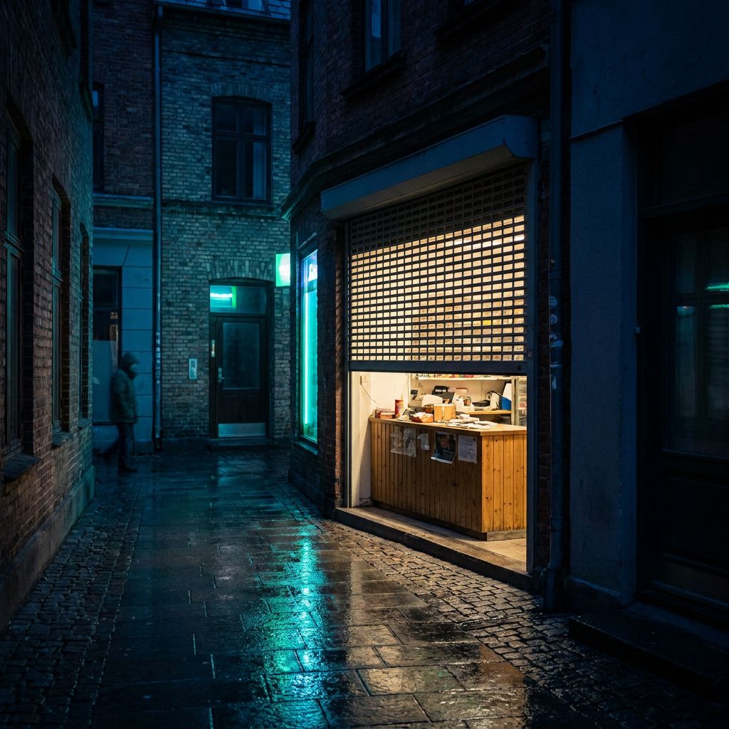 Halvt nedrullet rullegitter foran en lille butik i regnvåd nordisk gade med kølige cyan/grønne reflekser