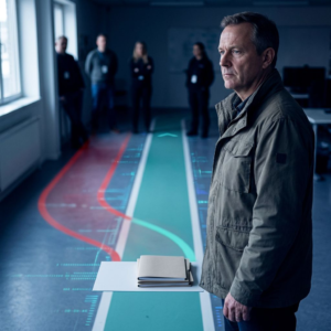 Operationsleder i et nordisk driftshub ved en markeret gulvsluse med cyan/grøn bane; billedet viser et beslutningsøjeblik mellem valideret routing og afvisning, i køligt lilla/cyan farveskær.