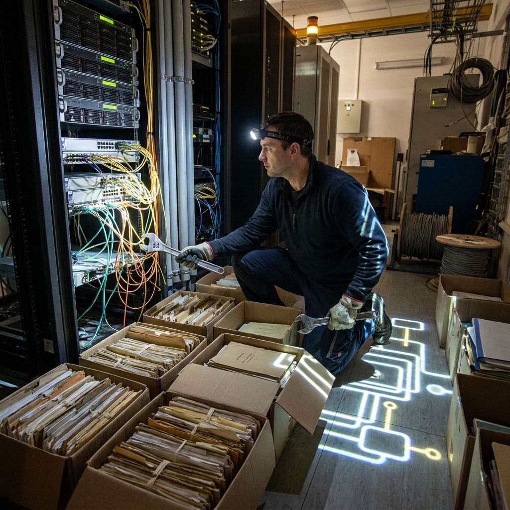 Makro af slidt cyan gulvmaling der markerer routing‑bane, med en neutral sag ved kanten; viser slid og praktisk realitet i drift.