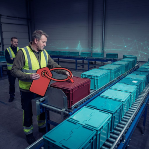 En nordisk operationsleder standser få udvalgte kasser ved en fysisk sluse, mens resten af flowet kører videre på en cyan/grøn bane