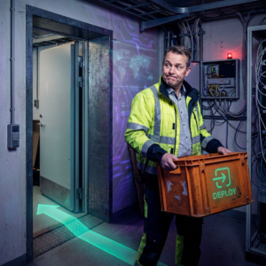 Dansk teknisk leder ved en installationsgang med cyan/grøn tapebane mod et teknikrum; nordisk lys, deep purple/indigo stemning og subtile pulserende data-accents.