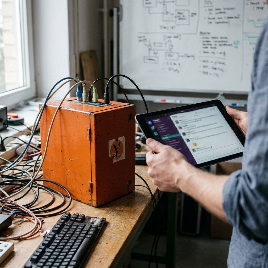 Overblik fra oven af betongulv med cyan og grøn tapebaner der leder mod to døråbninger; subtil indigo data-pulse overlay viser mulige deploymentsruter.