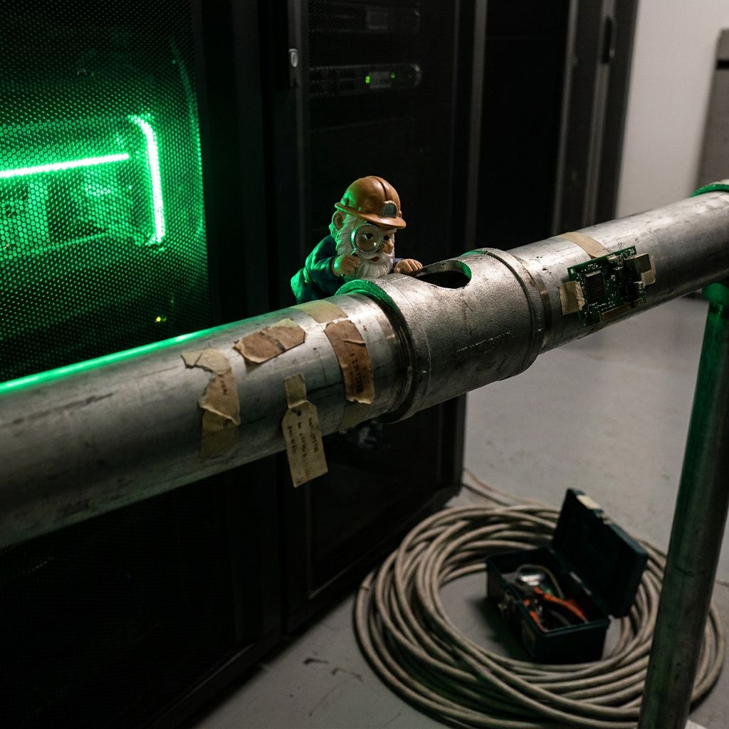 Tekniker lægger en prototype‑kasse på rullebane, andre kasser med farvekodet tape står på hold — et procesøjeblik i en lille virksomheds CI‑flow.