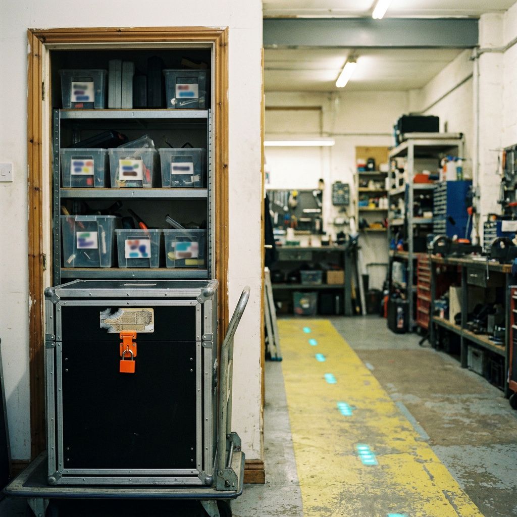 Et lille build‑rum set ind gennem en døråbning, en lukket build‑kasse på en trolley og en cyan‑pulserende gulvsti ind i rummet, symboliserer byggekrav og DevOps‑pipeline.