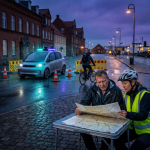 Robotaxi holdt i et afspærret citykryds ved skumring, tekniker og operationsleder vurderer situationen; indigo og cyan signalfarver.