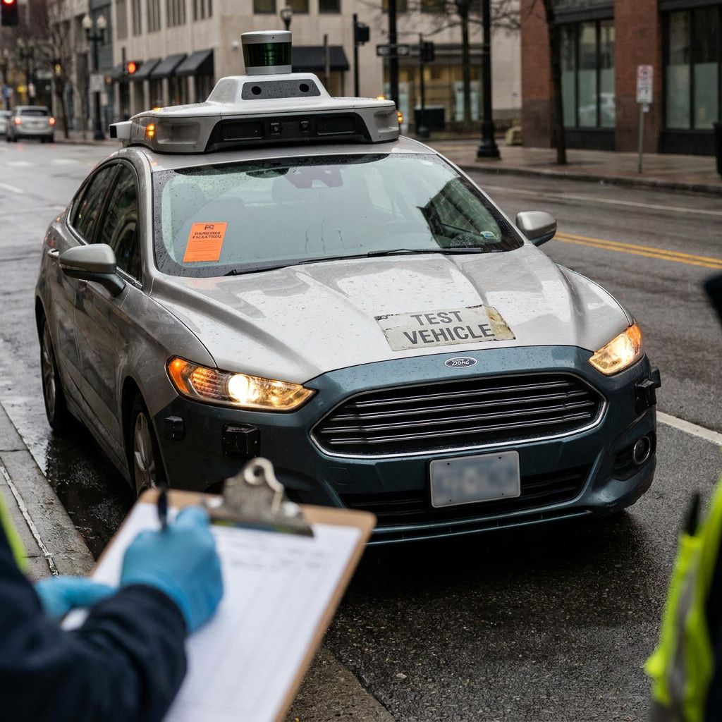 Testområde ved kaj med markeret rute og robotaxi klar til prøvekørsel.