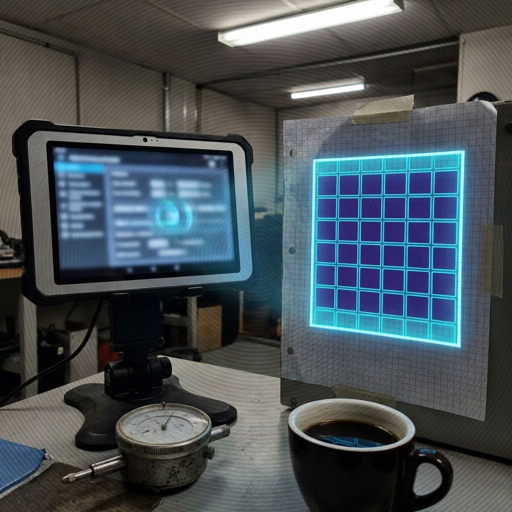 Makro af en trykt side med et oplyst rektangulært område som 'flise'; papirets tekstur, fold og en kaffefleks er synlige; ingen læsbar tekst.