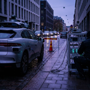 Nordisk robotaxi‑test ved skumring: parkeret bil, testudstyr på fortovet, regnvåde brosten og subtile cyan/indigo lys — en synkroniserings‑konsekvens midt i en pilot.