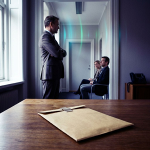Forgrund: forsejlet sagskuvert med farveklem; baggrund: partner i profil og en kort kø af ventende klienter i en nordisk advokatgang. Indigo og cyan accenter, lavmælt spænding.