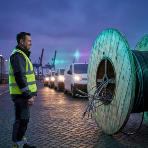 Operationsansvarlig i blå time på en nordisk kaj/indkørsel, ser en kø af varebiler bevæge sig langs en rute; cyan/grønne lysaccents og subtile pulser i luften antyder usynlige data‑flows.