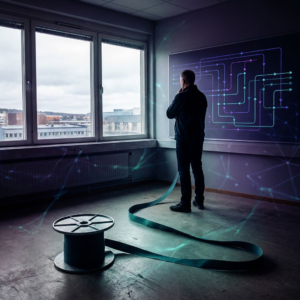 Teknisk leder set bagfra i et nordisk operationsrum, forgrund med en ubrudt spole som metafor for en append-only log og et vægmonteret pipeline‑flow i cyan/green‑farver — beslutsomt, stemningsfuldt foto.