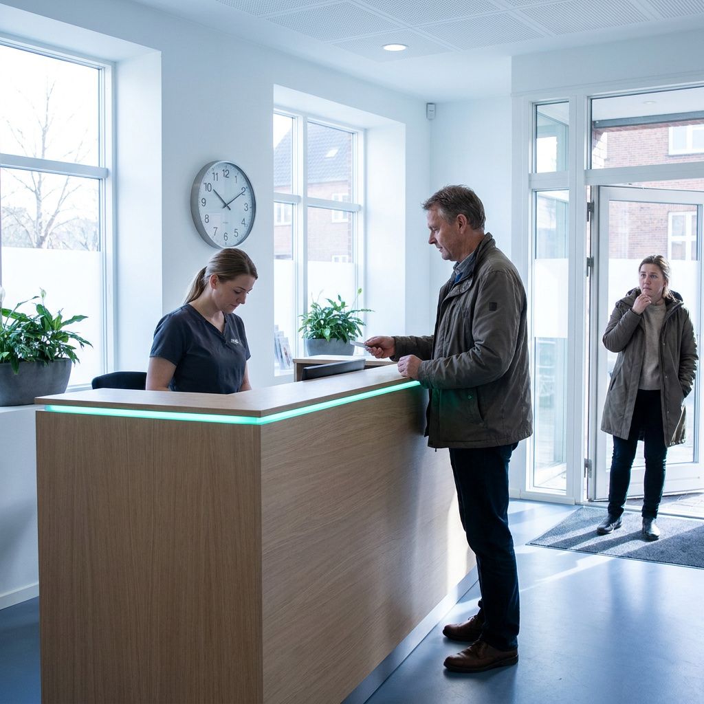 Indtjek i reception med tydeligt vægur og en patient i døråbningen, ingen synlig tekst