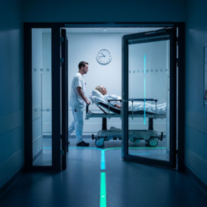 Portør skubber en båre gennem en halvåben glasdør i en skandinavisk hospitalskorridor; vægur i baggrunden og farvekodede gulvbaner antyder afgørelsesflow, ingen læsbar tekst.