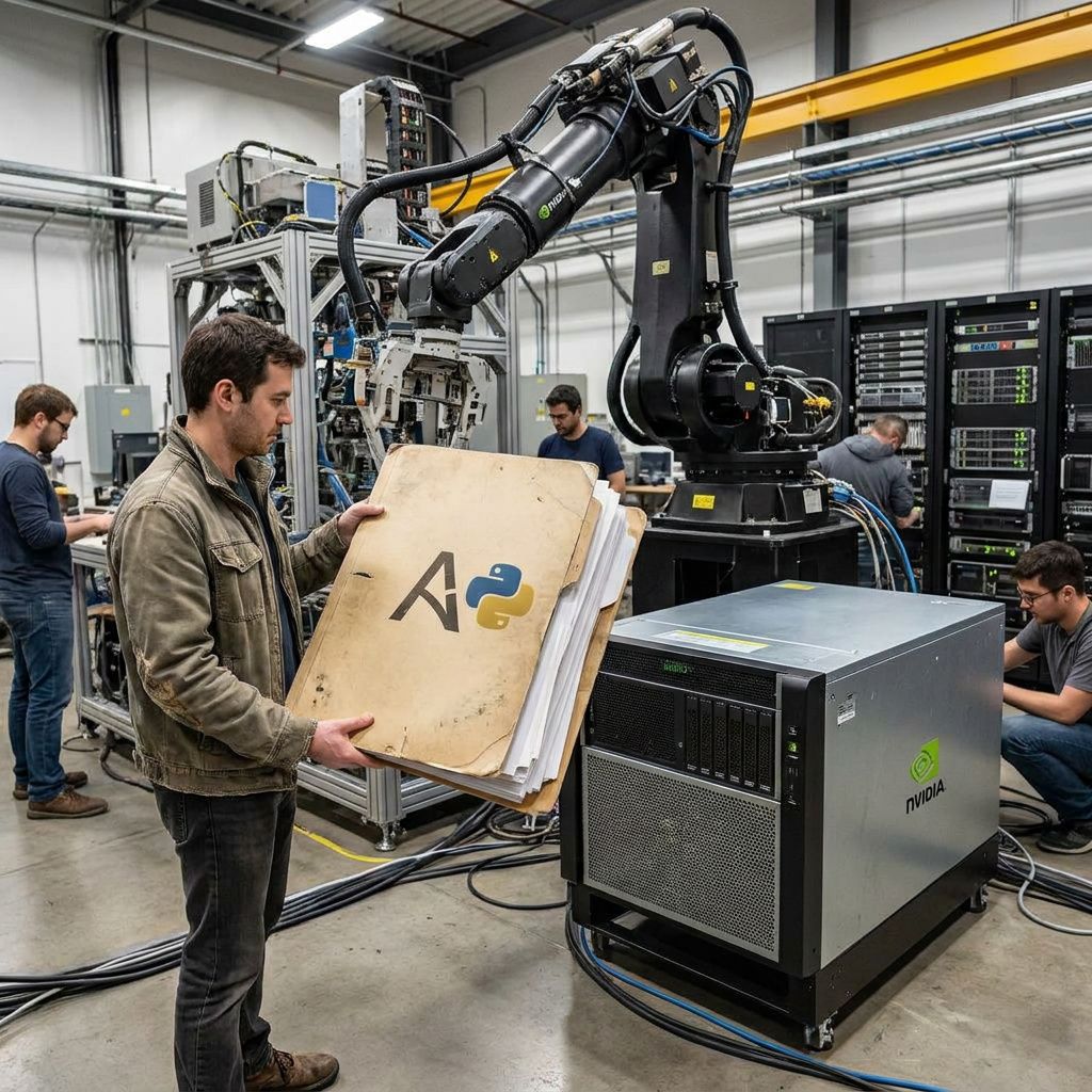 Makro af metalkant og skruehoved på et lille test‑unit, slidspor og diskrete cyan/indigo refleksioner.