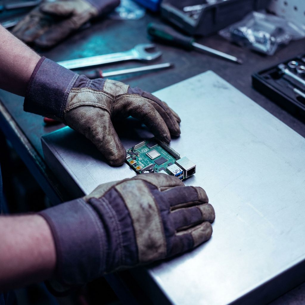 Makro af metalkant og skruehoved på et lille test‑unit, slidspor og diskrete cyan/indigo refleksioner.